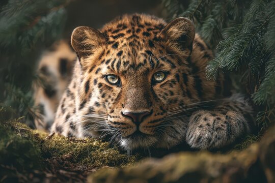Reclining Amur leopard with watchful eyes amid sunlit rocks and moss