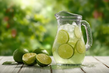 Refreshing limeade in a glass jug against a green outdoor background