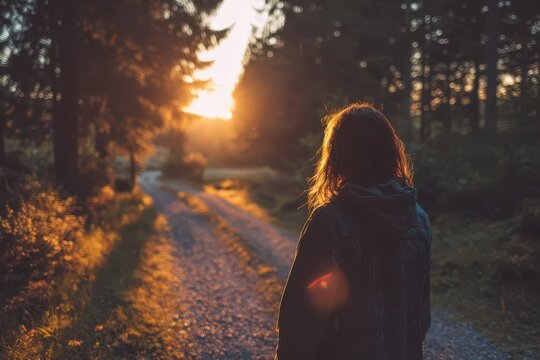 Reflective Moment on a Tree-Lined Trail: calm scene of someone glancing backward