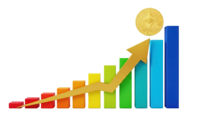Ethereum coin with rising bar graph and golden arrow isolated PNG, cryptocurrency investment and financial growth concept on transparent background