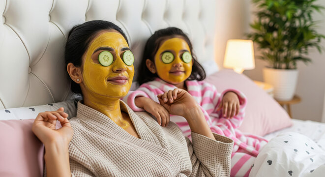 Mother and daughter relaxing with facial masks and cucumbers