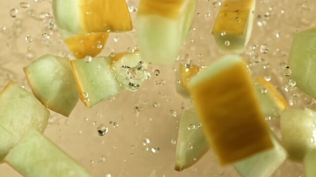 Pieces of melon fly on a light background. Filmed on a high-speed camera at 1000 fps. High quality FullHD footage