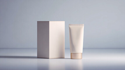 Tubo cosmético en tono neutro junto a su caja rectangular sobre superficie suave y fondo minimalista, en una composición limpia y elegante de producto.