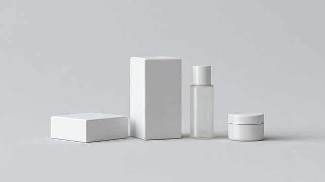 Set de envases cosm&eacute;ticos blancos con frasco, tarro y cajas sobre fondo neutro, en una composici&oacute;n minimalista y limpia de producto.