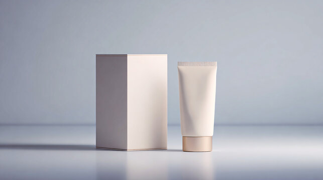 Tubo cosm&eacute;tico en tono neutro junto a su caja rectangular sobre superficie suave y fondo minimalista, en una composici&oacute;n limpia y elegante de producto.