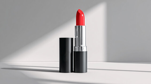 Barra de labios roja en envase negro y plateado sobre superficie iluminada con sombras diagonales, en una composici&oacute;n minimalista de producto cosm&eacute;tico.