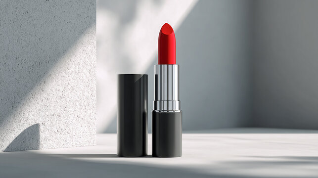 Barra de labios roja en envase negro y plateado sobre superficie luminosa con sombras suaves, presentada en composici&oacute;n minimalista de producto cosm&eacute;tico.