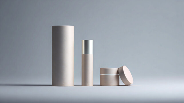 Envases cosm&eacute;ticos minimalistas en tonos neutros sobre fondo suave, incluyendo frascos cil&iacute;ndricos y tarro con tapa inclinada en una composici&oacute;n limpia y elegante.