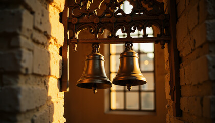 Obraz premium Church bells ringing beside glowing church windows in modern style 