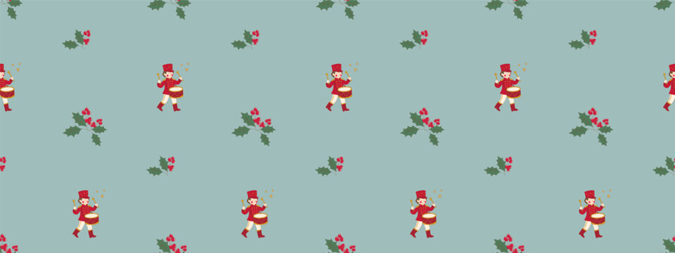 Seamless Christmas pattern featuring toy drummers and holly sprigs on a blue green background. Festive, playful holiday design perfect for wrapping paper and seasonal decor.