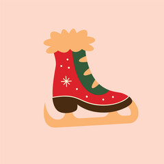 A festive red and green ice skate with a fluffy top and snowflake design.