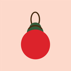 A simple flat illustration of a red Christmas tree ornament with a green cap and brown loop, perfect for holiday decor.