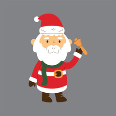 A cute cartoon illustration of Santa Claus wearing a red suit and hat, green scarf, and holding a golden bell, on a grey background.