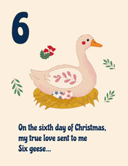 Cozy holiday vector illustration featuring a goose sitting in a nest with decorated eggs, surrounded by festive greenery and the number six., for winter designs, seasonal decor, advent calendar.