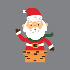 Cartoon Santa Claus character waving from a chimney, wearing a red suit, hat, and green scarf, on a grey background.