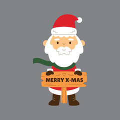A cute cartoon illustration of Santa Claus wearing a red hat and green scarf, holding a wooden sign that says "MERRY X-MAS" on a grey background.