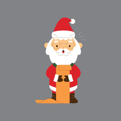 A cartoon illustration of Santa Claus with glasses holding a long unrolled scroll or list, looking surprised on a grey background.