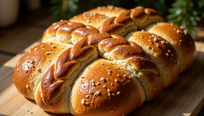Orthodox Christmas bread decorated with braided dough cross in modern style  