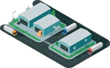 Isometric Logistics Park with Warehouses and Semitrailer Trucks Vector Illustration