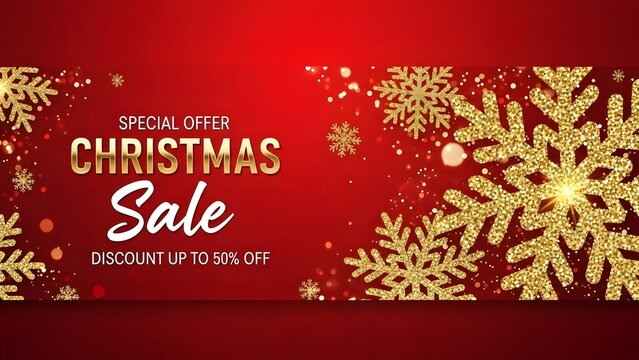 Festive red banner with sparkling gold glitter snowflake border advertising a special offer christmas sale discount up to fifty percent off - Powered by Adobe