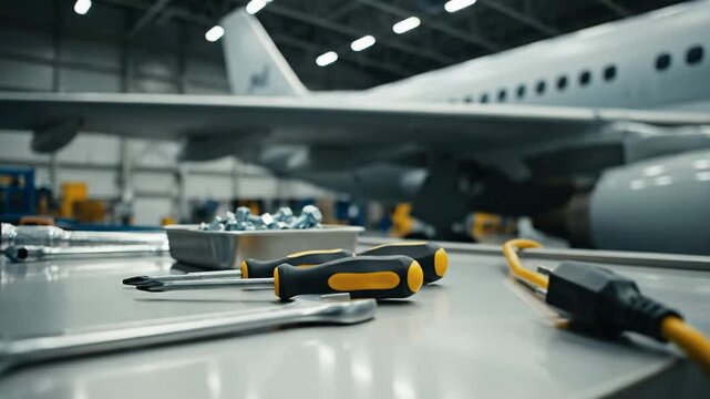 Close-up of tools on a workshop table in an aircraft maintenance hangar.
