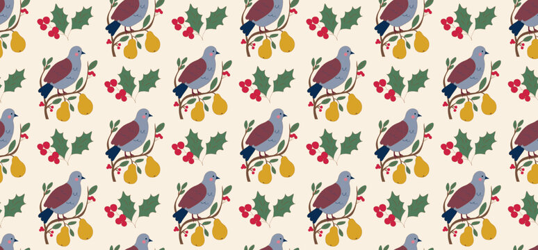 Seamless festive pattern featuring illustrated partridges, pear branches, holly leaves, and berries in warm seasonal colors, ideal for holiday designs.