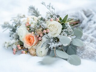 Artistic documentary portrayal of a winter wedding bridal bouquet lying atop a snowy ground, rendered in soft cold light with a muted palette and shallow focus for a serene seasonal aesthetic
