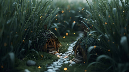 Enchanting Fairy Houses in Lush Greenery with Glowing Lights, Whimsical Stone Path Leading to Miniature Homes, Fantasy Scene with Magical Atmosphere