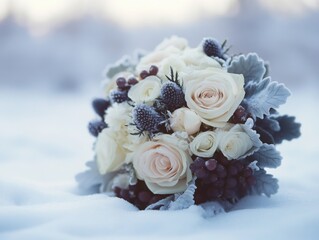 Winter wedding bouquet placed on fresh snow in a documentary-style composition, cool muted tones and gentle diffused lighting highlighting subtle floral textures with elegant shallow depth of field
