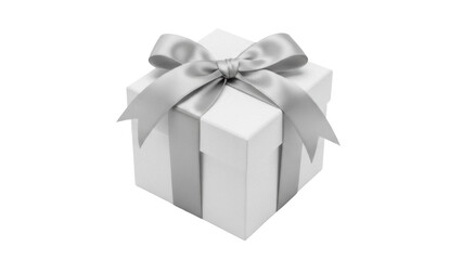 Elegant white gift box with silver ribbon isolated PNG, present for birthday or Christmas on transparent background