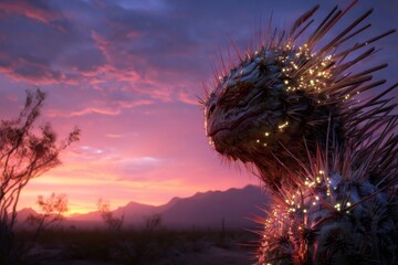 Cactus human hybrid creature standing in a desert landscape, its glowing spines illuminated against a colorful sunset sky