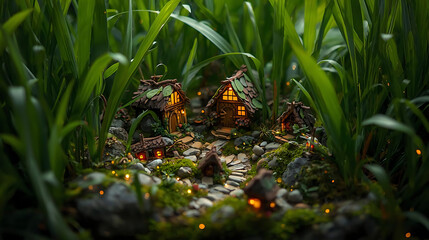 Enchanting Miniature Fairy Village Scene with Tiny Houses, Mossy Stones, and Glowing Lights Hidden Among Lush Green Grass Blades in a Magical