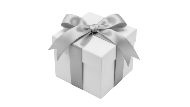 Elegant white gift box with silver ribbon isolated PNG, present for birthday or Christmas on transparent background