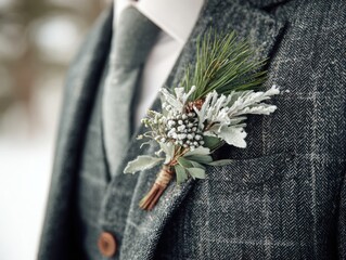 Groom accessories winter close-up, boutonniere with frosted greenery pinned to textured coat lapel, soft natural lighting and shallow depth of field