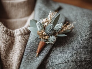 Soft-lit winter close-up composition showing groom boutonniere with frosted greenery on textured coat lapel