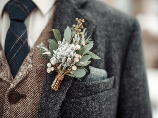 Winter groom accessory photo featuring frosted greenery boutonniere pinned to textured lapel with shallow depth aesthetic