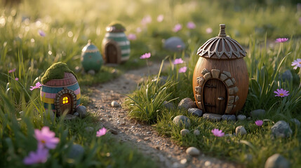 Enchanting Fairy Village: Miniature Homes Nestled in Lush Green Grass with Delicate Pink Flowers, Creating a Whimsical and Dreamlike Scene in a
