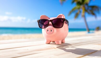 Savings Vacation: A whimsical piggy bank, sporting cool sunglasses, stands on a sun-kissed beach, envisioning a perfect getaway.