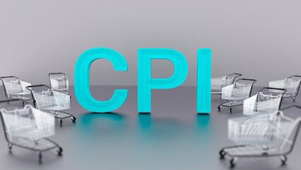 Growth of sales or growth of market basket or consumer price index concept. CPI. Shopping basket . 3d illustration