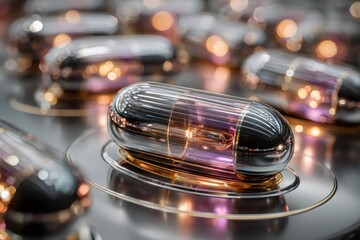 Sleek chrome capsule objects showing internal light and advanced technology on a reflective metallic surface, representing innovation