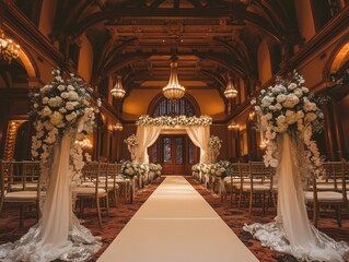 High-end indoor winter wedding ceremony set in a grand hall with frosted floral arches and a white velvet aisle, warm ambient lighting contrasting icy accents to create an elegant and refined upscale 