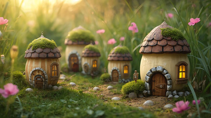 Enchanting Fairy Village: Miniature Mushroom Houses with Mossy Roofs and Pink Flowers in a Dreamy Garden Setting at Sunset, Fantasy Landscape