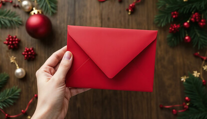Hand holding red envelope on wooden background with Christmas decorations