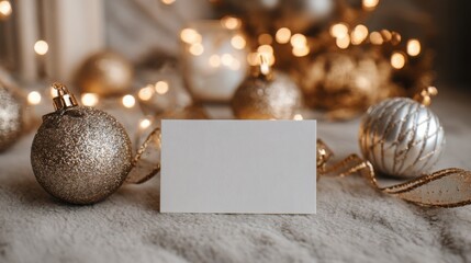 Gold metallic ornaments, shimmering ribbons and warm glowing lights in luxury Christmas composition surrounding horizontal A5 greeting card mockup