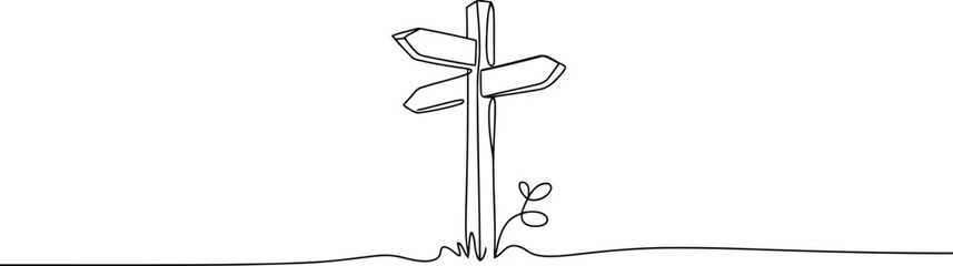 Continuous single line drawing of a simple wooden signpost with multiple blank directional arrows pointing to various paths