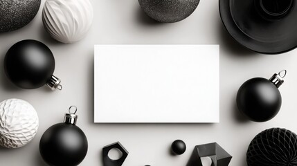 Horizontal A5 greeting card mockup in minimalist modern Christmas flat lay with monochrome ornaments, geometric shapes and sleek black-and-white d&Atilde;&copy;cor