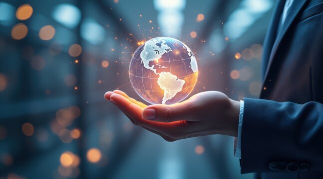 Global Vision: A visionary individual cradles a holographic earth in their open palm, symbolizing the power of global connectivity and forward-thinking innovation. 