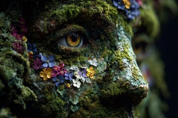 Dryad spirit face merging with nature, covered in green moss, tree bark texture, and blooming colorful small flowers