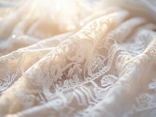 Close-up winter wedding lace gown detail with fine patterns glowing under gentle cool lighting, subtle shimmer and soft-focus depth creating a dreamy, refined, high-end bridal visual

