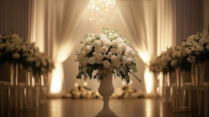 Sophisticated winter wedding entrance d&eacute;cor with a large pedestal floral arrangement glowing under warm soft lights, showcasing premium white blooms and refined crystal touches in an elegant ceremony 